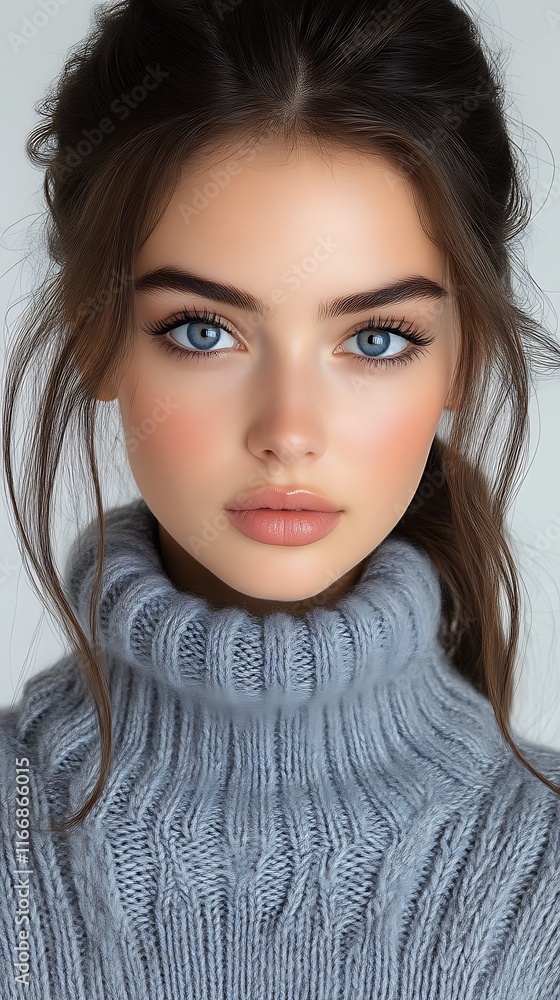 Beautiful Young Woman Wearing a Blue Knit Sweater