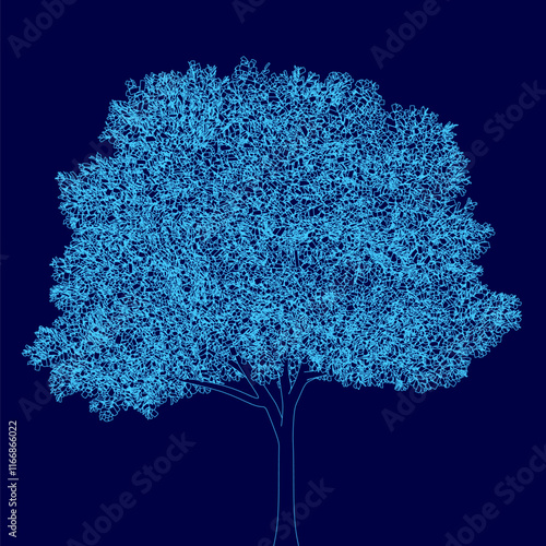 Blue tree with a blue sky background. The tree is the main focus of the image. The blue color of the tree and sky creates a calming and peaceful mood