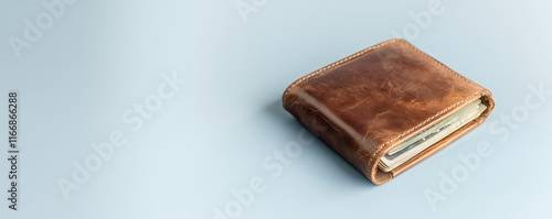 Stylish luxury leather wallet with cash resting on a smooth surface in soft natural light photo