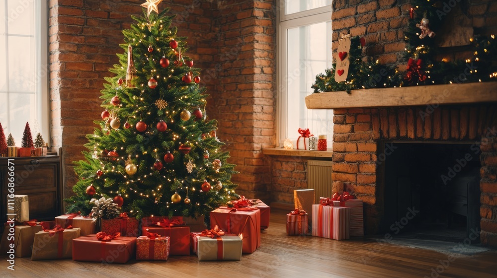 Christmas tree with ornaments, gifts wrapped in red and gold, fireplace in the background with stockings hanging. Living room Christmas tree with ornaments, gifts wrapped in red and gold, fireplace in the background with stockings hanging. Living room