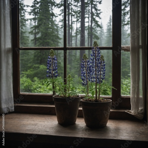 A Lupinus pilosus in a small pot placed on a windowsill with a serene view of a foggy forest. photo