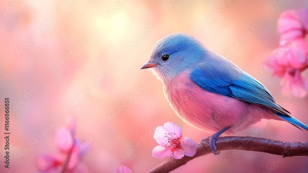 Obraz premium A blue and pink bird sitting on a branch with pink flowers