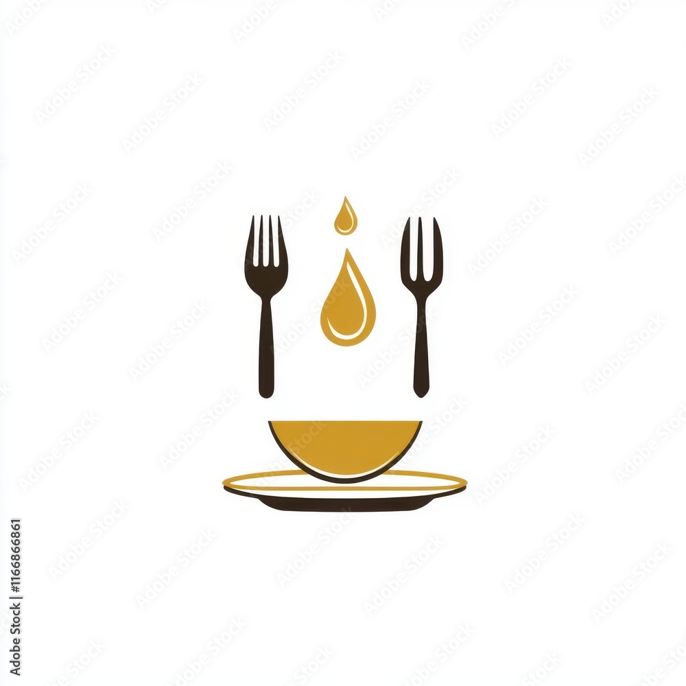 Minimalistic food logo featuring utensils and a droplet over a bowl, symbolizing culinary essence. Minimalistic food logo featuring utensils and a droplet over a bowl, symbolizing culinary essence.