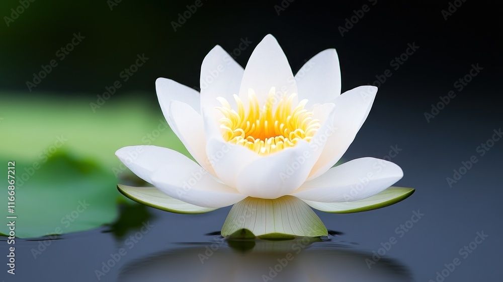 A serene white lotus flower floating on calm water. A serene white lotus flower floating on calm water.