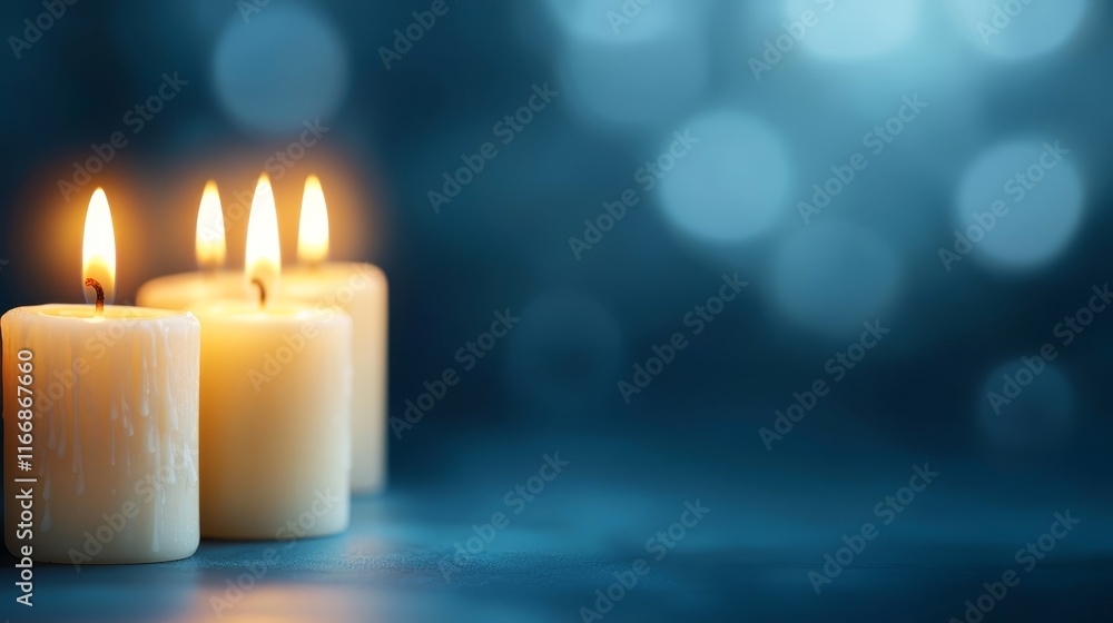 A group of three white candles sitting on top of a table A group of three white candles sitting on top of a table