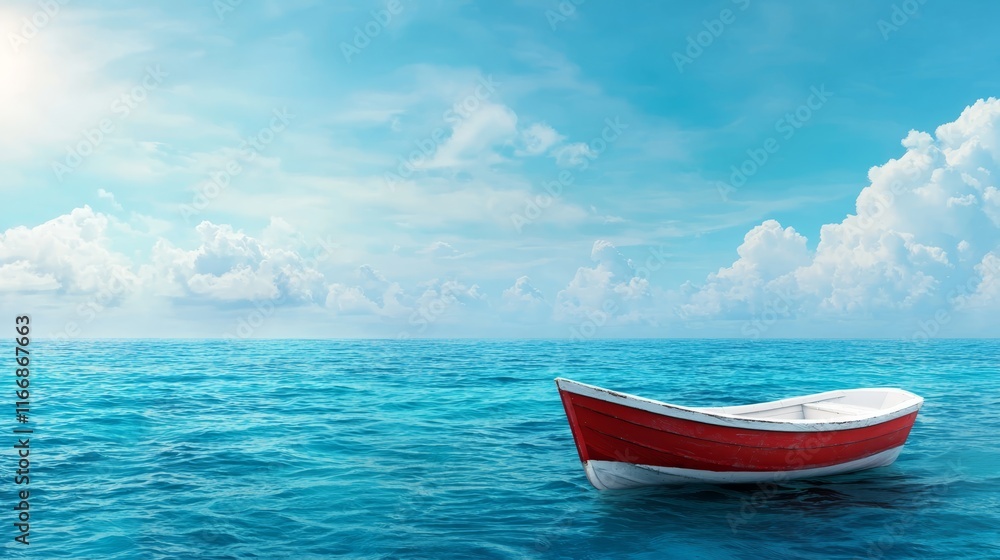 Naklejka premium A red and white boat floating in the middle of the ocean