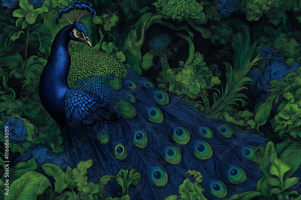 Fototapeta premium A peacock with glowing feathers, painted in surreal, exaggerated patterns of blues and greens