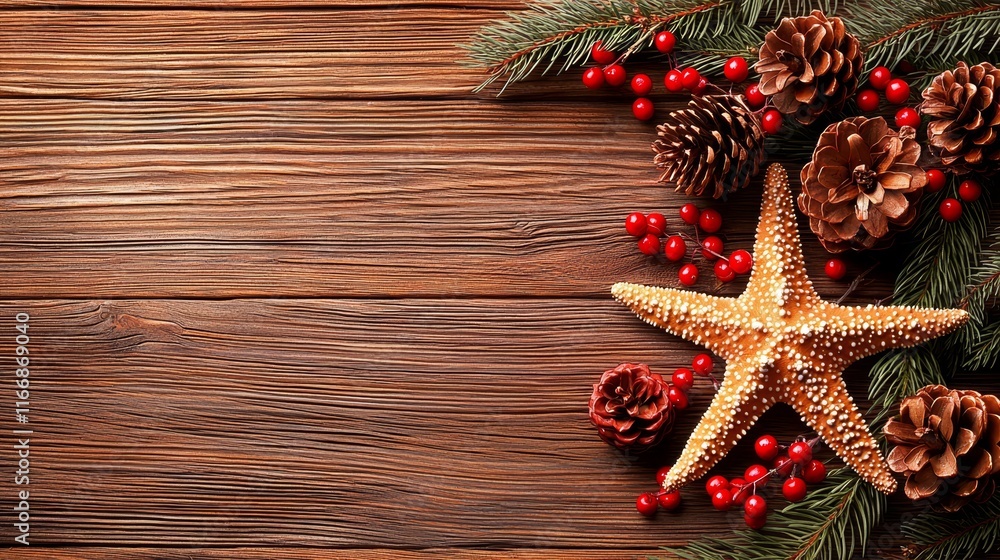 A starfish surrounded by pine cones and red berries on a wooden surface A starfish surrounded by pine cones and red berries on a wooden surface