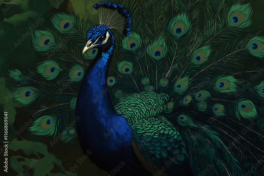 Fototapeta premium A peacock with glowing feathers, painted in surreal, exaggerated patterns of blues and greens