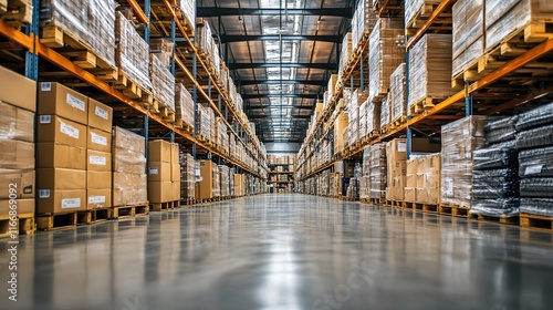 Modern warehouse interior with tall shelving and cardboard boxes