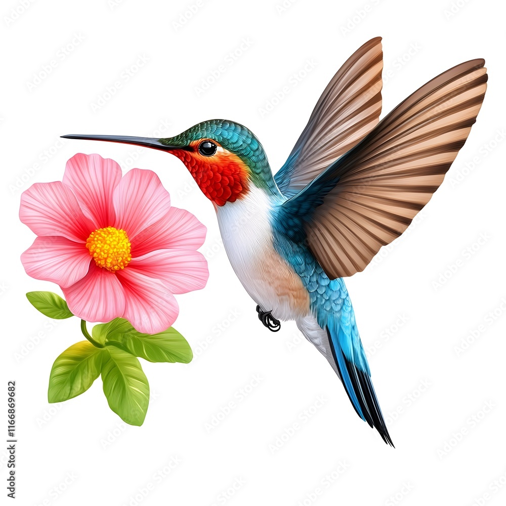 Vibrant illustration of a hummingbird in flight, hovering near a delicate pink flower. Vibrant illustration of a hummingbird in flight, hovering near a delicate pink flower.