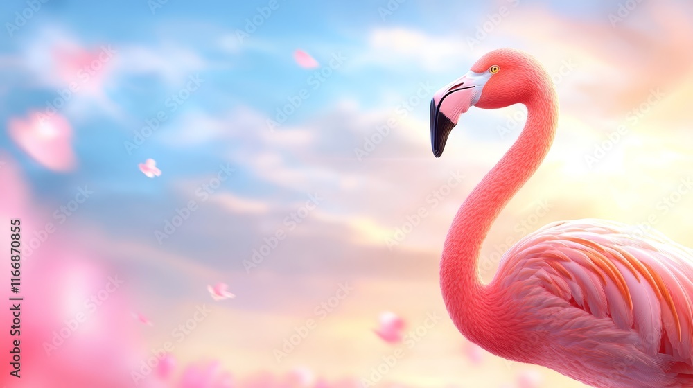 Naklejka premium A pink flamingo standing in front of a blue sky