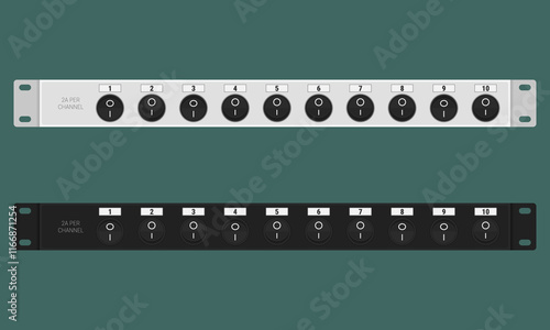 Switching boards with black round switches. Rack mount 1U power distribution panels for 19 inch server rack