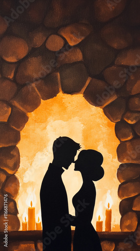 cozy fireplace scene with silhouettes of couple, warm colors, and romance