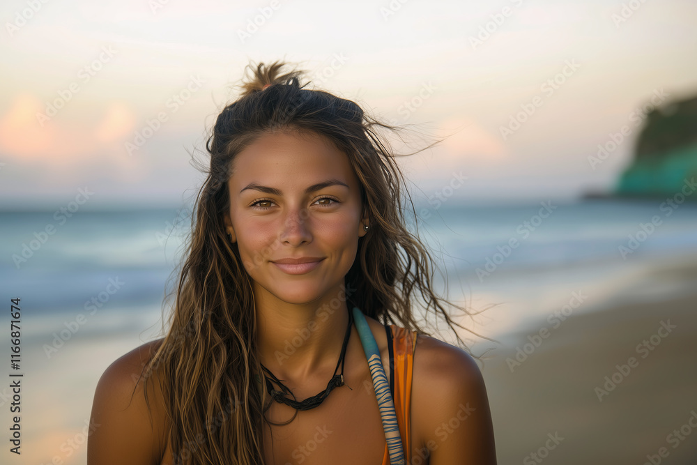 Female survivor enjoys a serene moment by the beach during sunset with gentle waves in the background and a calm atmosphere Female survivor enjoys a serene moment by the beach during sunset with gentle waves in the background and a calm atmosphere