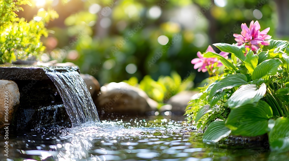 Serene garden waterfall cascading into a tranquil pond, surrounded by lush greenery and vibrant pink flowers. Serene garden waterfall cascading into a tranquil pond, surrounded by lush greenery and vibrant pink flowers.