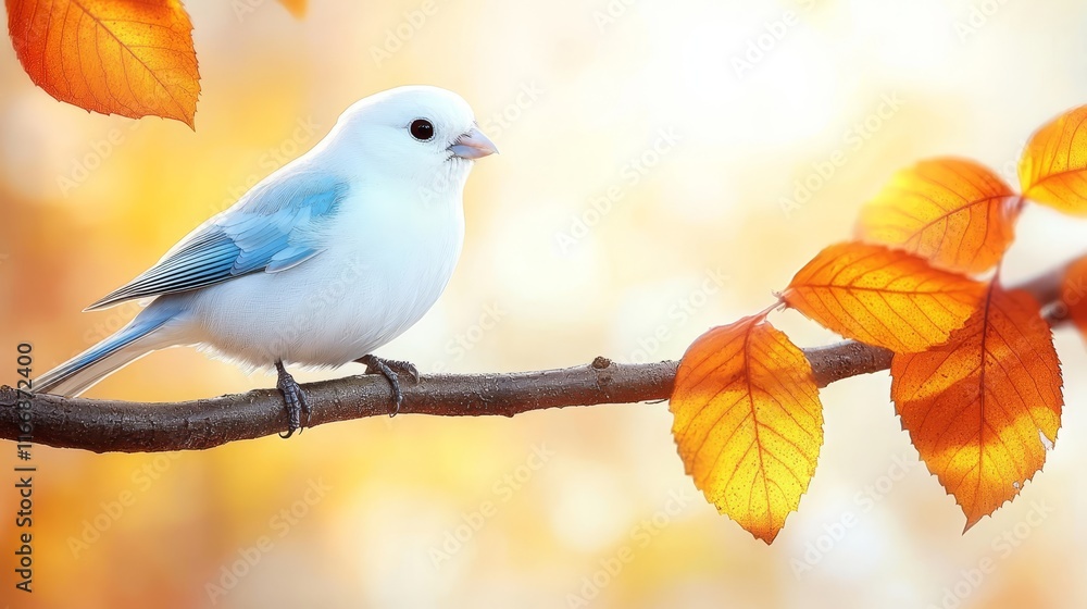 Obraz premium A small white bird sitting on a branch with orange leaves