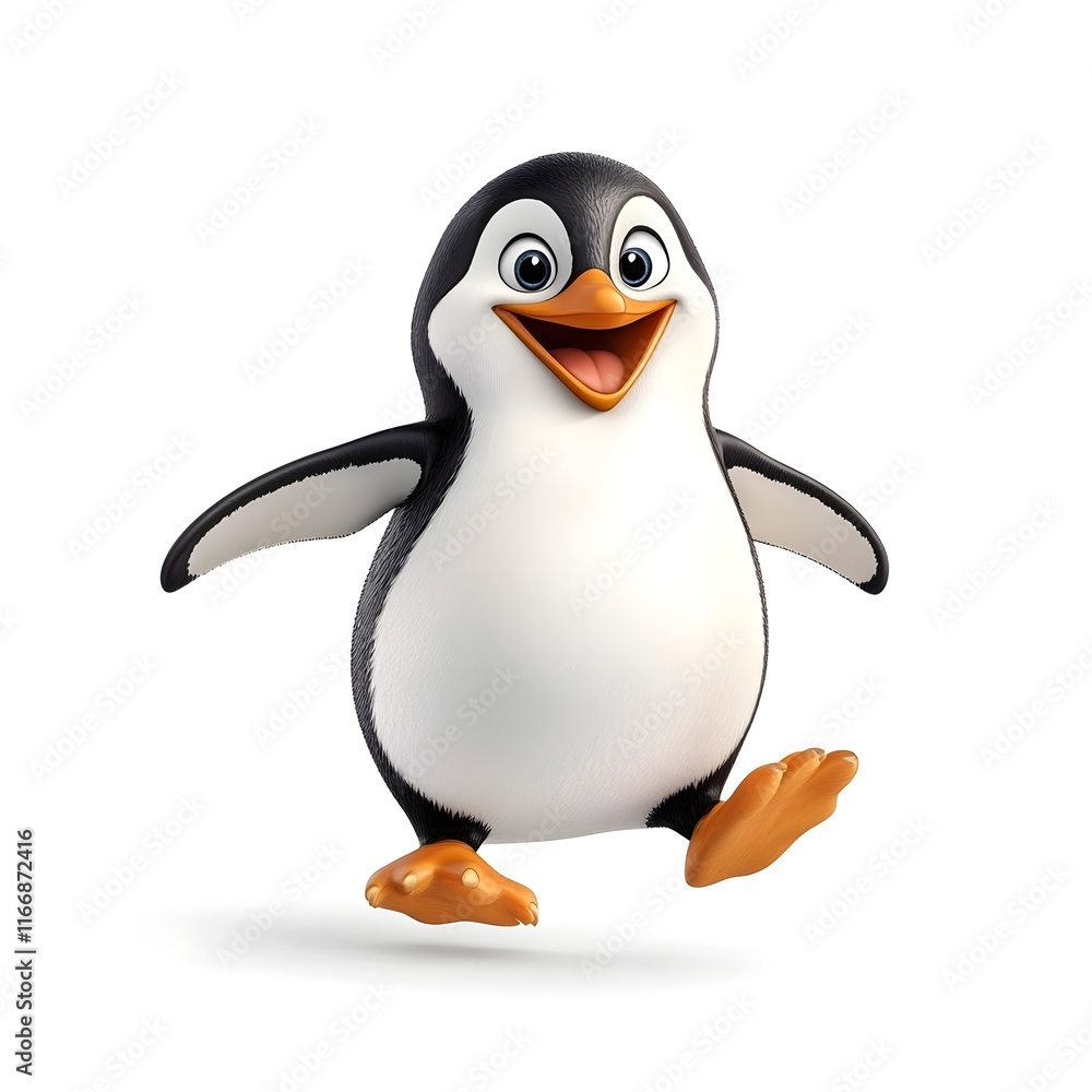 Fototapeta premium A cheerful, cartoon penguin character is depicted in a dynamic jumping pose, with its arms outstretched and a wide, happy expression.