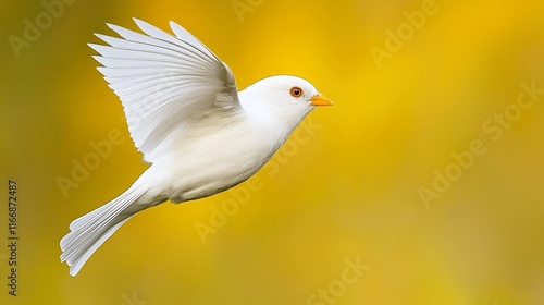 A white bird flying through the air with its wings spread