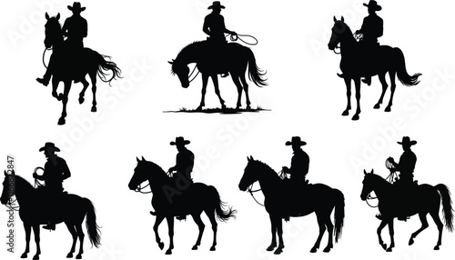 Set of Cowboy on Horse Silhouettes. Minimalist Vector Graphics for Logos, Branding and Illustrations.