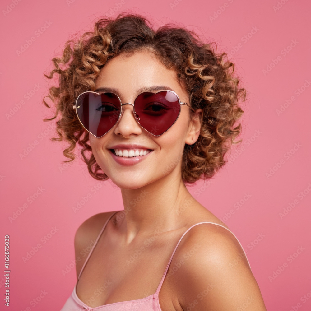 Smiling woman with curly hair wearing heart-shaped sunglasses against a pink background. Represents love, joy, and a playful, stylish attitude. Smiling woman with curly hair wearing heart-shaped sunglasses against a pink background. Represents love, joy, and a playful, stylish attitude.