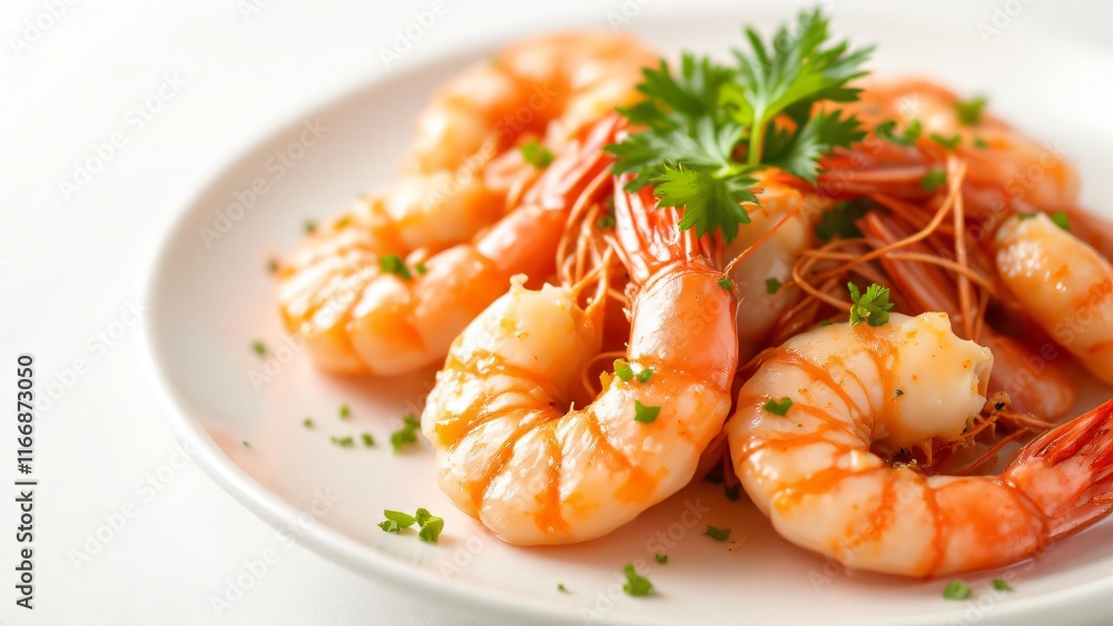 Freshly Cooked Rock Shrimp Garnished with Parsley on a White Plate with white background. Generative AI Freshly Cooked Rock Shrimp Garnished with Parsley on a White Plate with white background. Generative AI