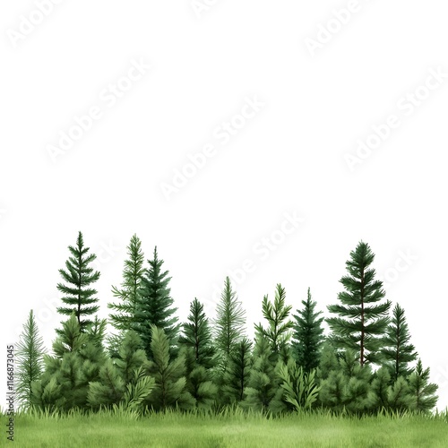 A picturesque image of a row of various evergreen trees, such as pines and spruces, standing in a grassy field, set against a plain white background.