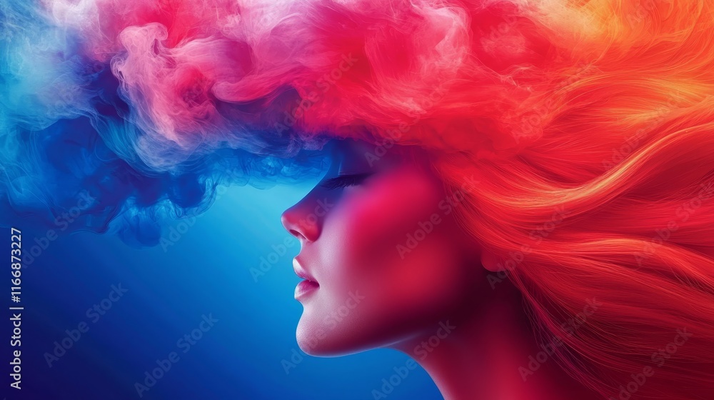 Fototapeta premium A woman with red and blue smoke coming out of her head