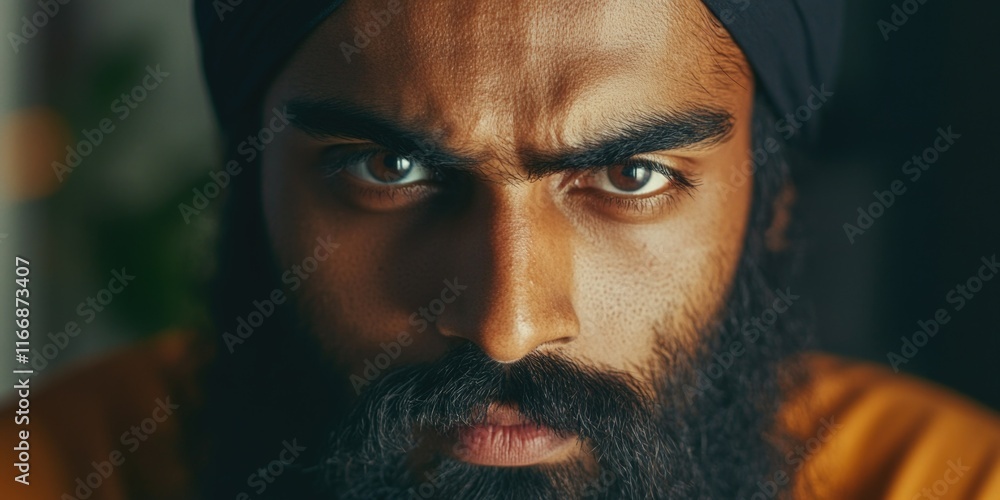 Intense Focus of a Bearded Man with a Tattooed Arm