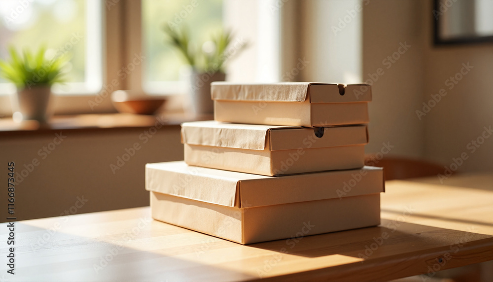 Stack of foldable boxes on wooden table in sunny home, cozy decor Stack of foldable boxes on wooden table in sunny home, cozy decor