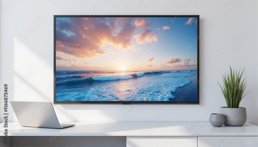 Fototapeta premium Modern TV displaying serene ocean sunset in contemporary office, relaxation