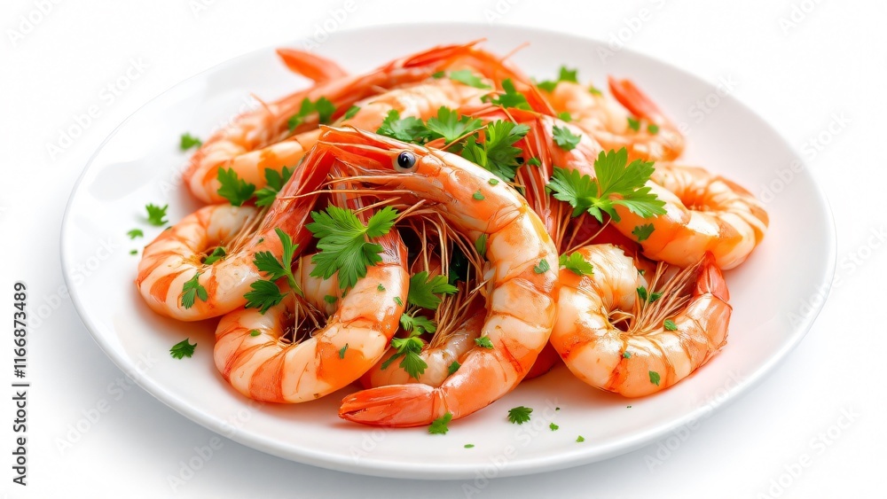 Freshly Cooked Rock Shrimp Garnished with Parsley on a White Plate with white background. Generative AI Freshly Cooked Rock Shrimp Garnished with Parsley on a White Plate with white background. Generative AI