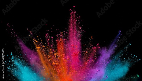 Vibrant Explosion of Multicolored Powder Particles on a Dramatic Black Background photo