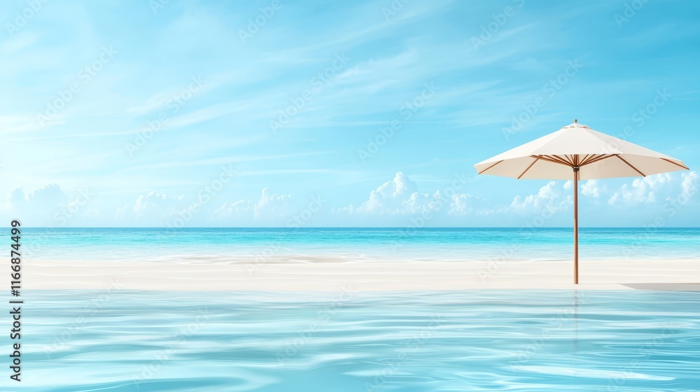 A beach with an umbrella on a sandy beach next to the ocean A beach with an umbrella on a sandy beach next to the ocean