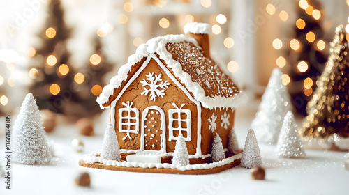 Festive gingerbread house surrounded by decor