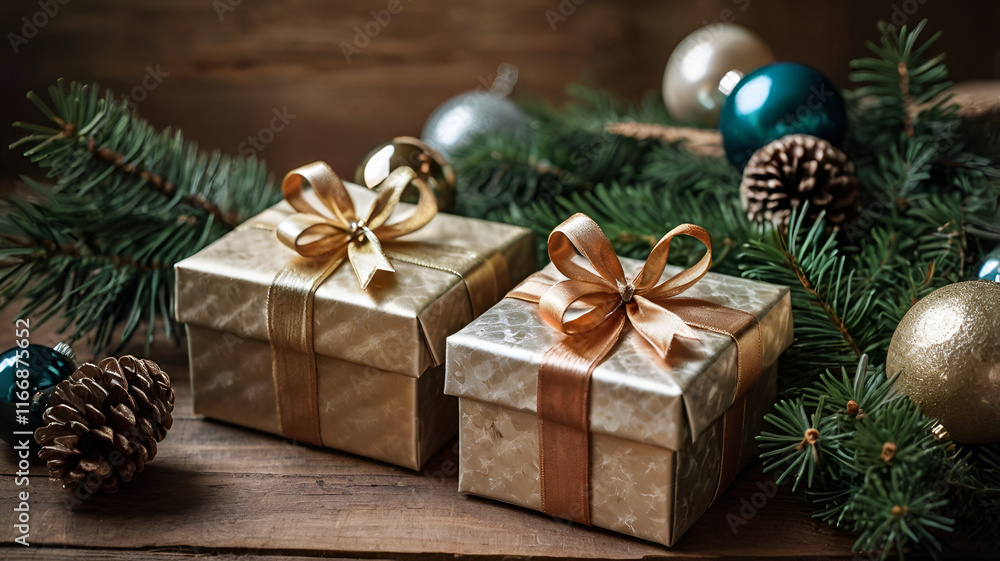 New Year's gifts wrapped in festive paper, surrounded by sparkling decorations, elegantly displayed on a rustic wooden surface New Year's gifts wrapped in festive paper, surrounded by sparkling decorations, elegantly displayed on a rustic wooden surface