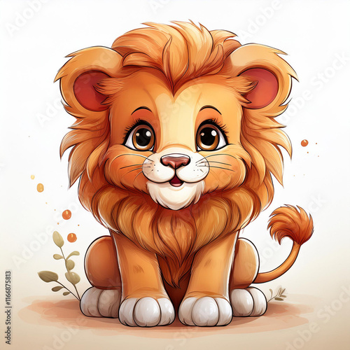 Cute little lion character, hand drawn on white background. Wildlife playful animal illustration photo