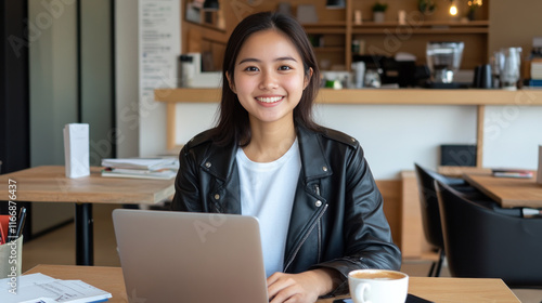 Malay woman in black leather jacket working with a laptop at library cafe