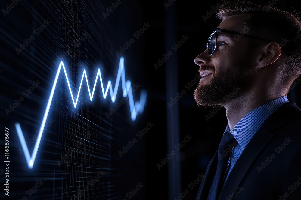 A confident man in a suit smiles at a digital financial graph in a dark, modern environment. A confident man in a suit smiles at a digital financial graph in a dark, modern environment.