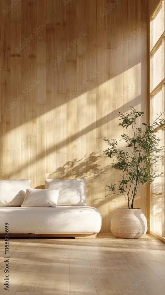 Fototapeta premium Cozy and Calming Minimalist Bedroom Sanctuary Bathed in Natural Sunlight with Wooden Accents and Potted Plant Providing a Peaceful Retreat for Relaxation and Rejuvenation