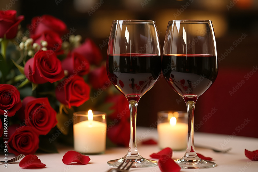 Romantic date for Valentine's Day for two lovers in a restaurant concept. Close-up photo of a pair glasses of red wine on a table against a bouquet of roses, candles and a blurred background Romantic date for Valentine's Day for two lovers in a restaurant concept. Close-up photo of a pair glasses of red wine on a table against a bouquet of roses, candles and a blurred background