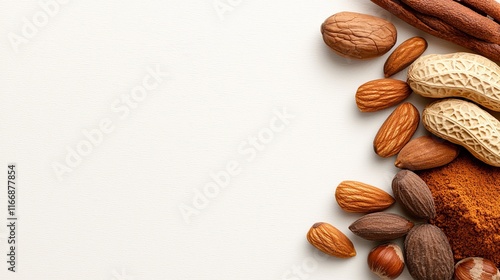 A variety of nuts and spices on a white surface
