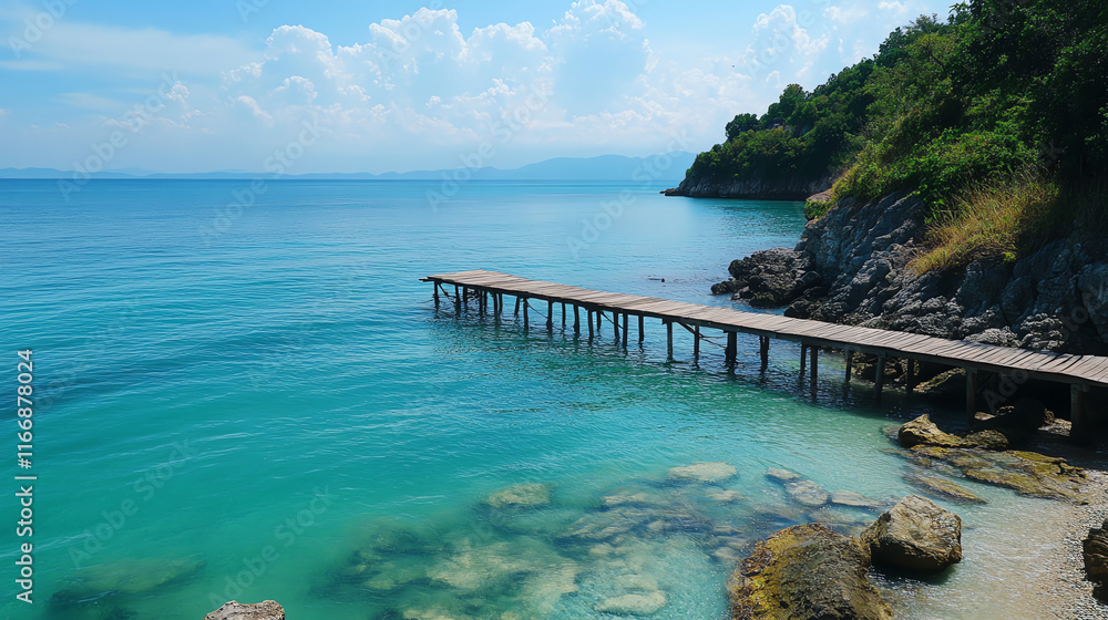serene tropical bay in southern Thailand features wooden pier extending over clear turquoise waters, surrounded by lush greenery and rocky shores under bright sky