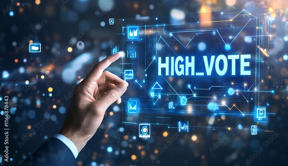 Businessman Touching a Virtual Screen with HIGH VOTE and Icon.
Businessman Touching a Virtual Screen with HIGH VOTE and Icon.