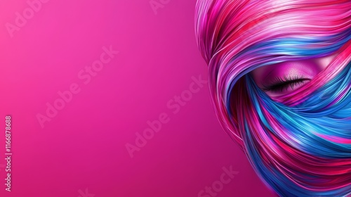 A woman's face with colorful hair on a pink background