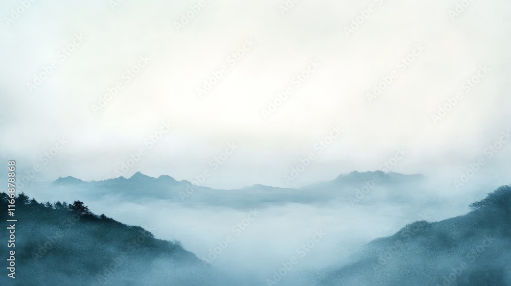 Tranquil Misty Coastline at Dawn in Captivating Duotone - Serene Seascape with Soft Blues and Muted Greys Tranquil Misty Coastline at Dawn in Captivating Duotone - Serene Seascape with Soft Blues and Muted Greys