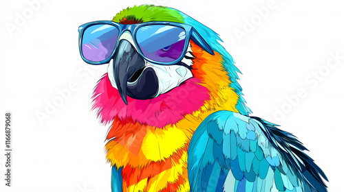 Colorful parrot wearing stylish sunglasses photo