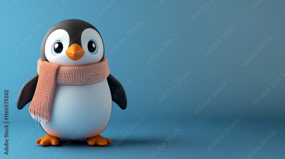 Fototapeta premium Adorable Penguin Wearing A Knitted Scarf Against Blue Background