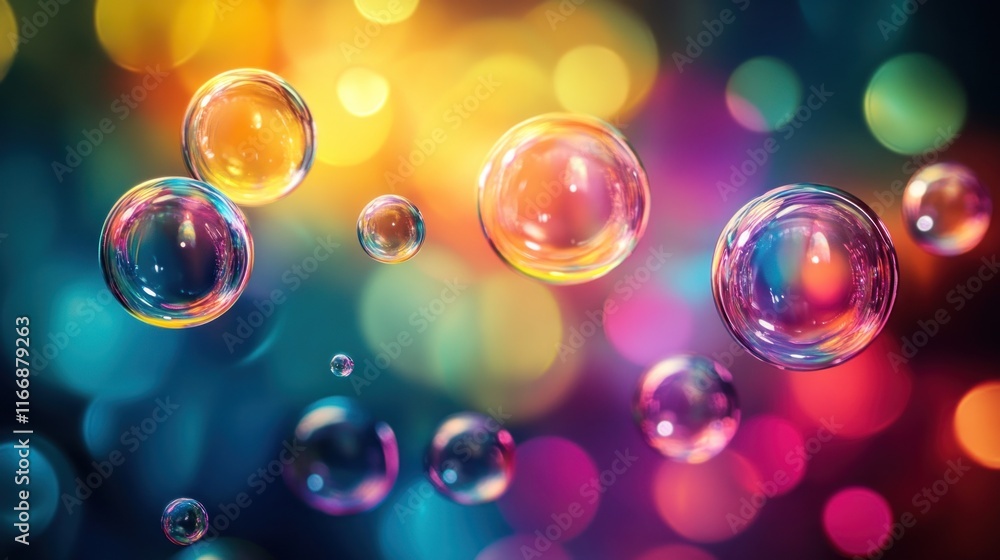 Colorful iridescent bubbles float against a bokeh background Colorful iridescent bubbles float against a bokeh background