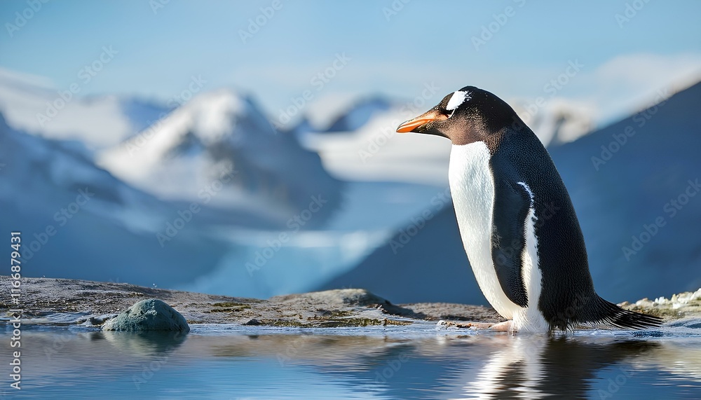 Naklejka premium penguin standing on the edge of a body of water with mountains in background, portrait full length side profile view